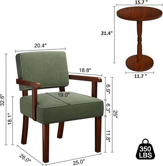 FAGAGA Corduroy Accent Chair Set of 2 with Table, Mid Century Modern Armchairs with Solid Wood Frame, Oversized Reading Leisure Chair for Living Room, Bedroom (Corduroy Green, Set of 2 with Table)