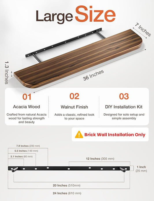 BATODA Set of 2 36” Acacia Floating Shelves for Wall (Round Edge) - Floating Bookshelf Wall - Storage Wood Shelves for House Decor, Kitchen, Bathroom - Brackets and Hardware Included (Walnut Color)