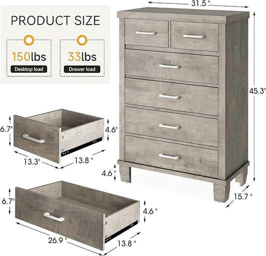 Garvee Dresser for Bedroom with 6 Drawers, 45 in Tall Grey Dressers & Chests of Drawers with Storage, Wooden Storage Organizer Dressers for Closet, Large Drawer Dresser for Living Room, Entryway