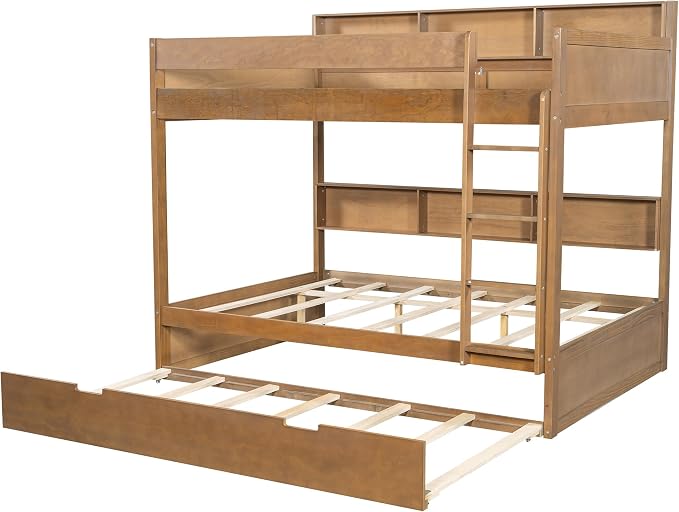 Wood Bunk Bed Full Over Full Size with Built-in Storage Shelves, Versatile Bunk Bed Frame with Ladder and Trundle Bed for Kids Teens Adults, Maximize Space (Antique Wood-2.10)