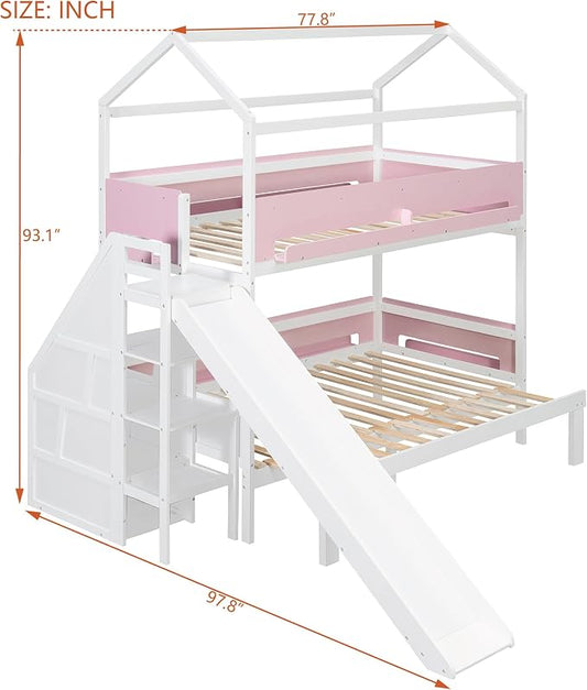 Harper & Bright Designs House Bunk Bed with Slide and Bookshelf, Twin Over Full Bunk Bed with Trundle and Stairs for Kids Teens Juniors, Space Saving, No Box Spring Needed, White+Pink