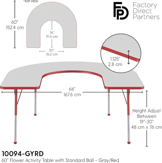 FDP Horseshoe Activity School and Office Table (60 x 66 inch), Standard Legs with Ball Glides for Collaborative Seating Environments, Adjustable Height 19-30 inches - Gray Top and Red Edge