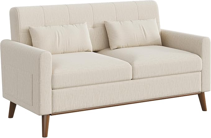 WLIVE 62" Loveseat Sofa, Mid Century Modern Small Couches for Living Room, Button Tufted Upholstered Couch for Bedroom, Solid Wood Frame, Easy to Install Furniture, Beige