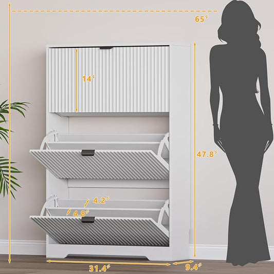 BORNOON Entryway Shoe Cabinet with 3 Flip Drawers, Narrow Shoe Organizer Cabinet with Fluted Panel and Adjustable Shelves for Foyer, Hallway