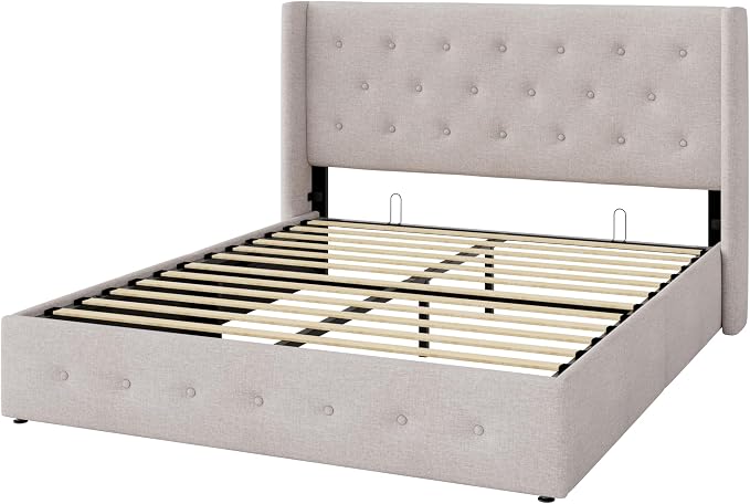 Allewie Full Size Lift Up Storage Bed, Button Tufted Headboard with Wingback, Hydraulic Support, No Box Spring Needed, Light Beige