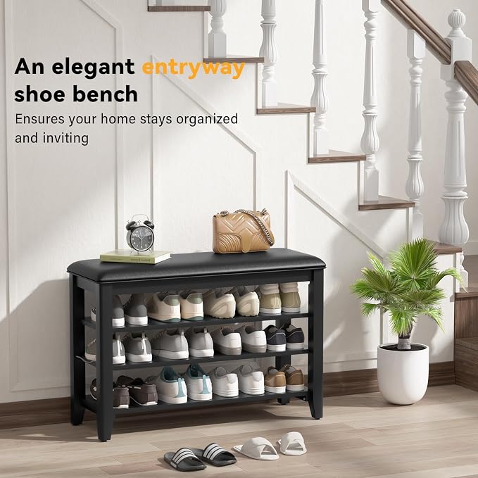 Entryway Shoe Storage Bench with Leather Cushion, Shoe Organizer Bench for Entryway, Ideal for Hallways Front Doors Entrances Mudrooms Featuring Rubberwood And 3 Height-Adjustable & Removable Shelve