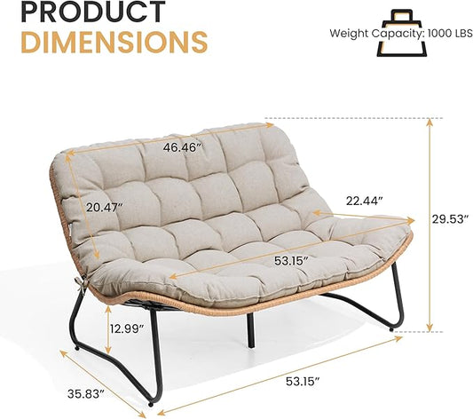 Crestlive Products Outdoor Loveseat, 2 Seater Outdoor Couch with Soft Cushion, All-Weather Boho Rattan Patio Furniture for Balcony, Poolside, Backyard, Porch (Beige)