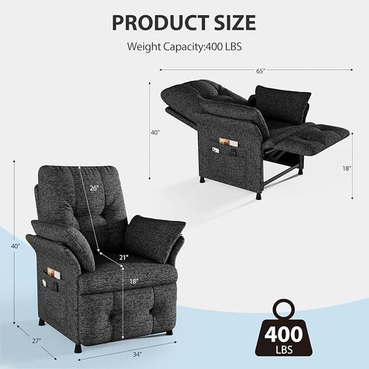 Power Recliner Chair for Adults with Heat & Massage - Linen Electric Reclining Sofa with Remote Control, 3 Side Pockets, 180° Lay Sleeper for Home Theater Living Room, Dark Grey
