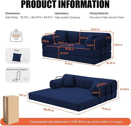 79" Corduroy Sofa Bed, Boneless Couch in a Box with 2 Pillows, High-Density Foam 4-in-1 Foldable Sleeper Futon Loveseat for Small Spaces, No Assembly, Side Pockets, Round Arm Blue