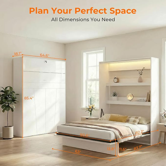 CECER Queen Vertical Murphy Wall Bed,Space Saving for Offices/Guest-White | Durable Gas-Lift for smooth folding,16 Color Controllable LED Lights,Sturdy frame & Easy Assemble,High Gloss Panel