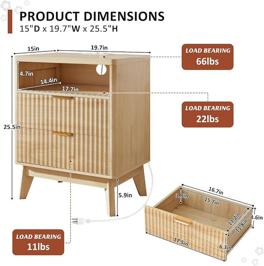 LYNCOHOME Fluted Nightstand with Charging Station, 19.7 inch Wide End Table with 2 Drawers, Modern Wood Bedside Table for Bedroom,Natural,1 Pcs
