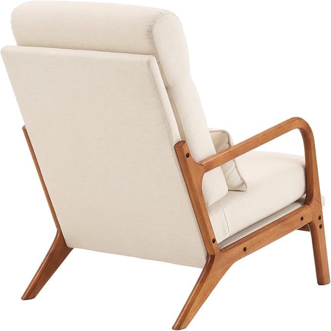 Karl home Accent Chair High Back Mid-Century Modern, Beige | Line Fabric Upholstered, Walnut Color Solid Rubber Wood Frame, Soft Cushion with Pillow, For Living Room, Bedroom, Balcony