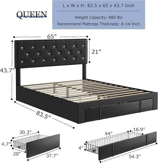 VECELO Queen Size Bed Frame with 3 Storage Drawers, Leather Upholstered with Diamond Tufted Headboard, Solid Wood Slat Support & Steel Framework, PU & Black