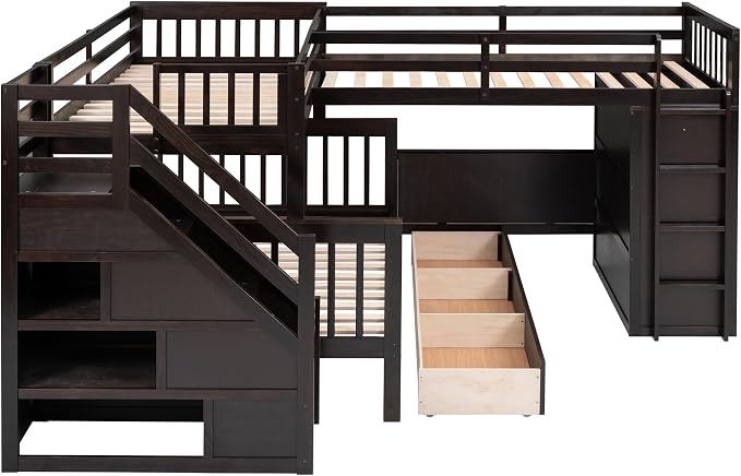 L-Shaped Bunk Bed for 4 Kids, Twin-Twin Over Full with 3 Drawers, Portable Desk and Wardrobe, Solid Wood Bedframe with Stairs and Full-Length Guardrails, No Box Spring Needed (Espresso)