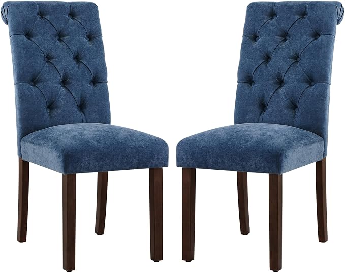 COLAMY Button Tufted Dining Chairs Set of 2, Parsons Upholstered Fabric Dining Room Chairs Kitchen Chairs with Wood Legs and Padded Seat, Blue