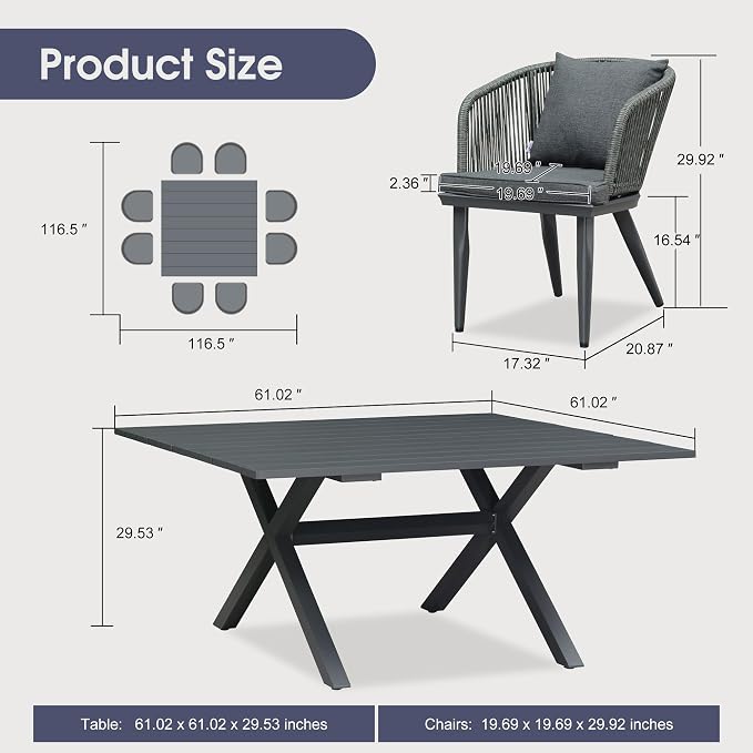 PURPLE LEAF 9 Pieces Outdoor Metal Furniture Set Patio Conversation Sets Dining Set, 1 Square Dining Table and 8 Modern Chairs with Cushions Seat Grey