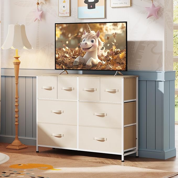 WLIVE Dresser for Bedroom with 8 Drawers, Wide Fabric Dresser for Storage and Organization, Bedroom Dressers, Chest of Drawers for Living Room, Closet, Hallway, Cream White
