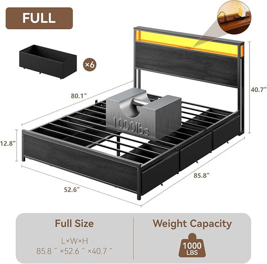 Forestell Full Size Bed Frame with Storage Headboard & 6 Drawers, Metal Platform Bed Frame with LED Lights & Charging Station, 2 Tier Shelf Storage Bedframe, No Box Spring Needed, Noise Free, Black