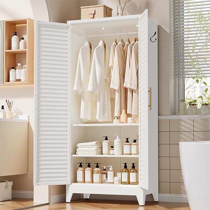 Metal Armoire Wardrobe Closet with 2 Doors, 71" Tall Clothes Cabinet with Adjustable Hanging Rod and 2 Shelves,White Steel Storage Locker Cabinets for Bedroom,Bathroom Employees,Gym,Garage