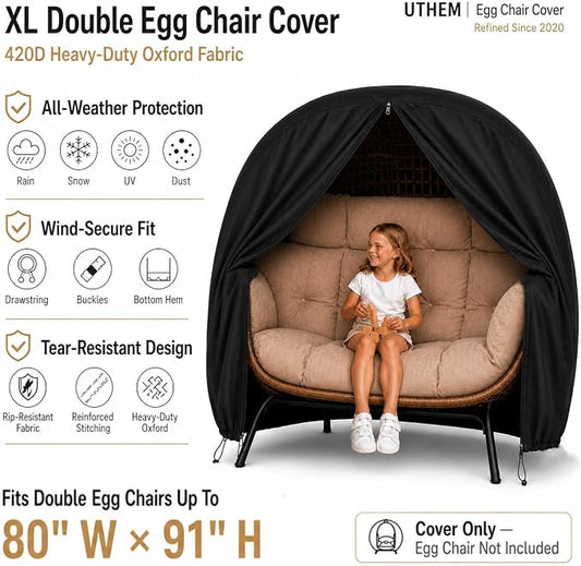 Double Egg Chair Cover Waterproof 420D Oxford Hanging Outdoor Furniture Covers for Patio Wicker Egg Swing Cocoon Chair, 91x80 Inches, Black