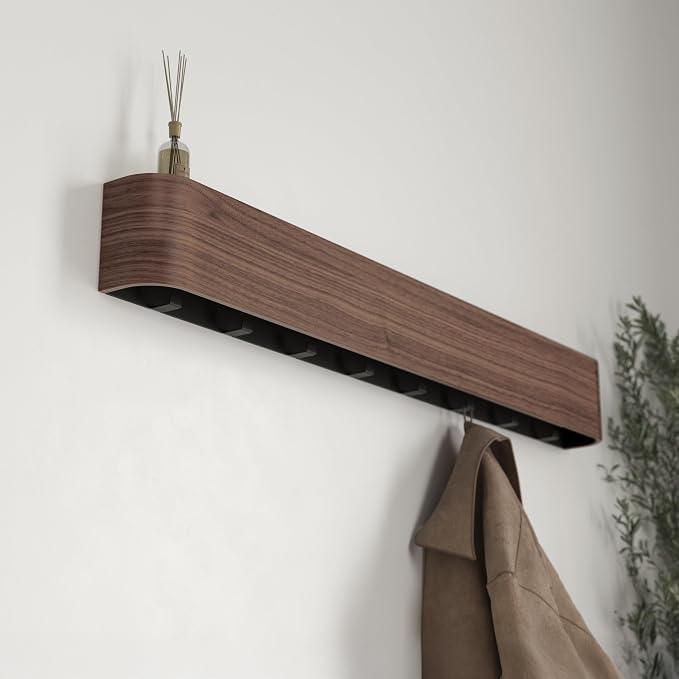 Kazai. Wall-Mounted Coat Rack 'Toke' - Modern Design with Hidden Wall Hooks - Solid Wood Veneer Panel Hanger - Walnut