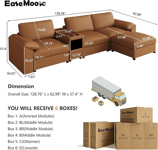 EASE MOOSE Leather Sectional Couch with Console, Oversized Modular Sectional Sofas, Wide Deep Seat Modular Couch, Scratch Resistant Faux Leather Material, L Shaped Sofa for Big Spaces,Brown