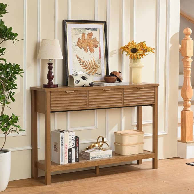 LEYAOYAO Fluted 47.2" Console Table with 3 Drawers, Modern Wood 2 Tier Entryway Table with Open Storage Shelf, Boho Sofa Entry Tables Behind Couch for Living Room, Hallway, Entrance Foyer, Tea Brown
