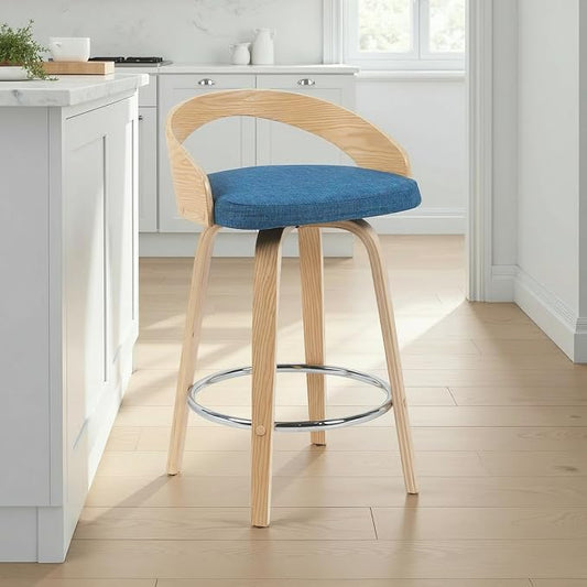 Sonia Modern Swivel Counter Height Bar Stool with Blue Upholstered Seat and Patterned Oak Wood Finish Set of 4