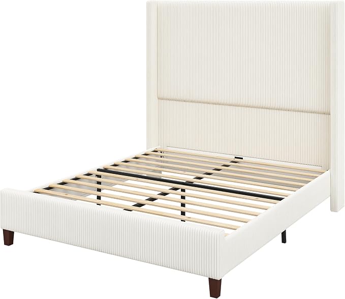 AMERLIFE Queen Size 62" Corduroy Upholstered Bed Frame, Luxurious Platform Bed with Extra Tall Wingback Headboard and Vertical Stripe, No Box Spring Needed/Solid Wood Slats & Legs/Cream