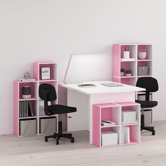 Furinno PASIR Book Shelf, 4-Tier Modern Bookshelf, Open Shelves Bookcase 9 x 12 x 42, Easy Assembly, for Living Room, Bedroom, Home Office, Pink/White