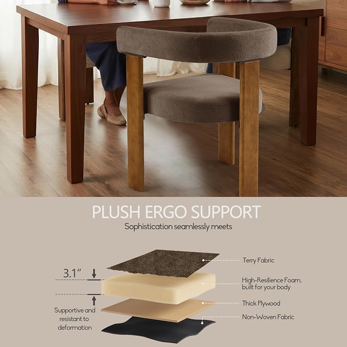 VIRRMO Boucle Dining Chair Set of 2 Terry Upholstered Dining Room Chairs Kitchen Chairs with Wood Legs Mid Century Modern Chair for Dining Room, Kitchen (Wood-Brown, 2)