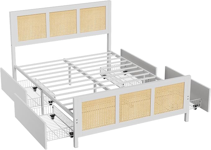 GarveeHome White Rattan Bed Frame with Headboard, Boho Cane Platform Queen Bed Frame with 4 Drawers, Strong Metal Slats Support, Noise Free, No Box Spring Needed
