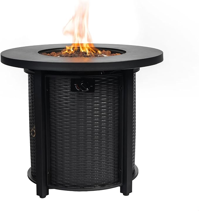 GDFStudio 30" Round Propane Fire Pit Table, 50000 BTU Outdoor Gas Heater with Steel Top & Wicker Base, for Patio, Deck, Garden, Black