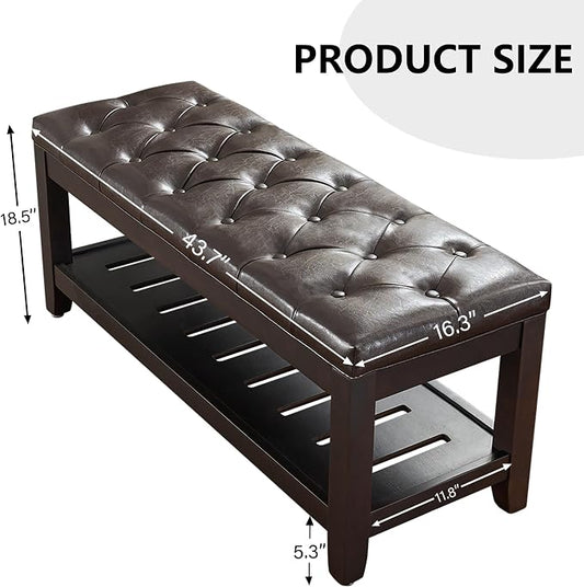 adochr PU Leather Large Rectangular Ottoman with Storage, Upholstered Entryway Bench for Living Room, Oversized Button Tufted Ottoman with Wood Shelf Storage, Dark Brown