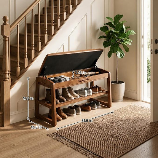Shoe Storage Bench 2 Tier Shoe Rack for Entryway Shoe Rack Bench with Storage with Flip-Top for Hallway Entryway Living Room Wood Shoe Bench with Embossed Pattern and Hook, Walnut (31.5")