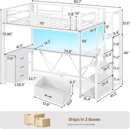 Itaar Stairway Twin Size Loft Bed with L Shaped Desk and Wardrobe, Metal Loft Bed Frame with Storage Stairs, 3 Fabric Drawers, LED Lights & Charging Sation (White, Twin)