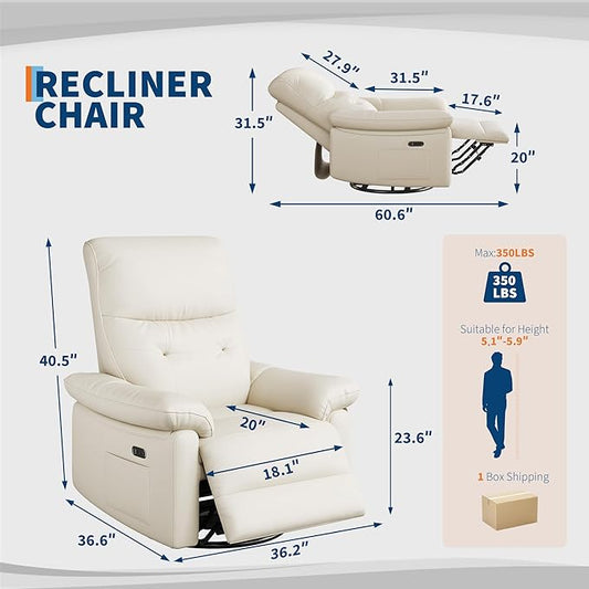 Power Recliner Chair, 270° Swivel Rocking Glider with USB Charging Port, PU Leather Upholstered Fabric and Button Tufted Backrest, Ergonomic Nursery Chair for Living Room (Beige)