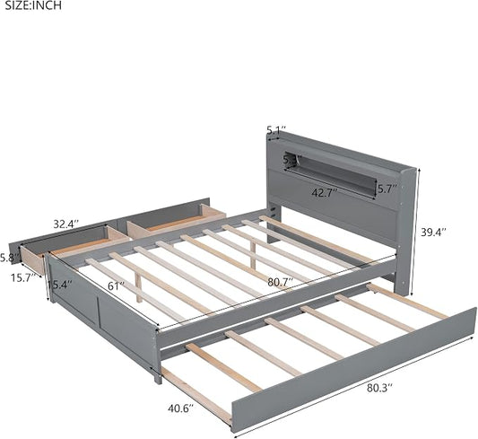 YOPTO Queen Size Wood Storage Platform Bed with LED, 2 Drawers and 1 Twin-Size Trundle, Easy to Assemble,Bedroom Furniture for Children,Teenagers,Adults,Gray