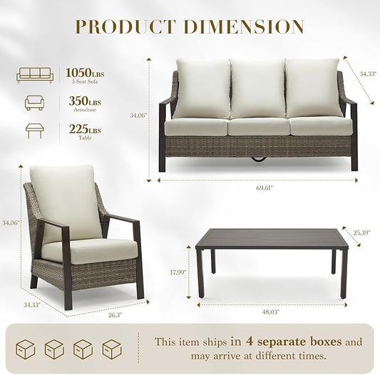 Outdoor Sofa 3 Seat Patio Couch, All-Weather PE Rattan Wicker Loveseat with Washable 4.7" Thick Cushions, Outdoor Furniture for Deck, Porch, Balcony, Backyard, Beige