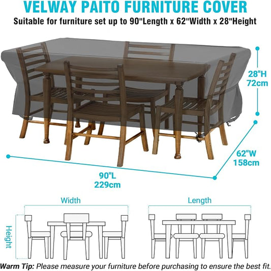 Velway Patio Table Chairs Set - Square Waterproof 90"L x 62"W x 28"H Outdoor Bistro Dining Set - Fire Pit Table Cover - Furniture Cover - Small Rectangle Ultra Windproof UV-Resistant