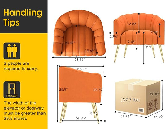 Dewhut Oversized Pumpkin Couch Accent Chair, Modern Comfy Velvet Upholstered Barrel Chairs, Luxury Single Sofa Armchair for Living Room, Waiting Room, Office and Vanity, (Orange)