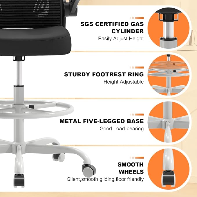 Synorla Ergonomic Drafting Chair, Tall Mesh Office Chair with Flip-up Armrests, Lumbar Support Adjustable Footrest Ring for Standing Desk Gray Pink