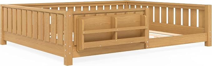 Bellemave Queen Size Montessori Floor Bed with Slats and Fence, Queen Size Montessori Bed with Rails and Bookcase, Easy Assemble Floor Beds Frame,Deep Natural