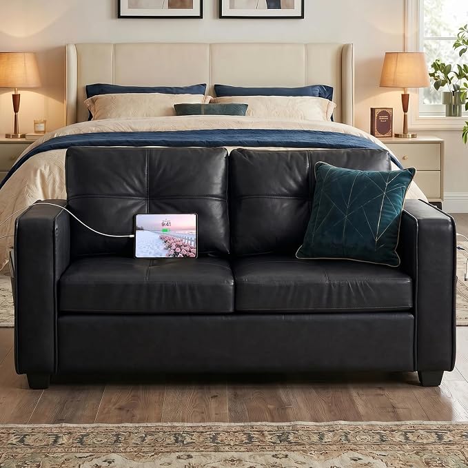 TYBOATLE 65" Faux Leather Loveseat for Living Room, Comfy Mid-Century Modern Tufted Black Loveseat w/USB Charging Ports and Wide Arms, 2 Seater Office Small Couch for Small Space Bedroom