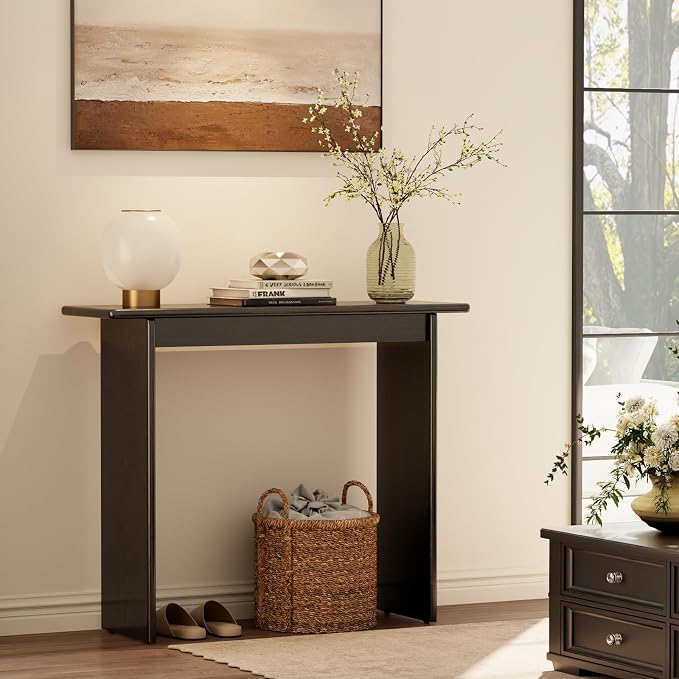AQIMUELE Black Console Table Thin Rubberwood Minimalist Mid-Century Style | Stable and Sturdy 11.8" D x 39.4" W x 31.5" H for Entryway/Sofa Back