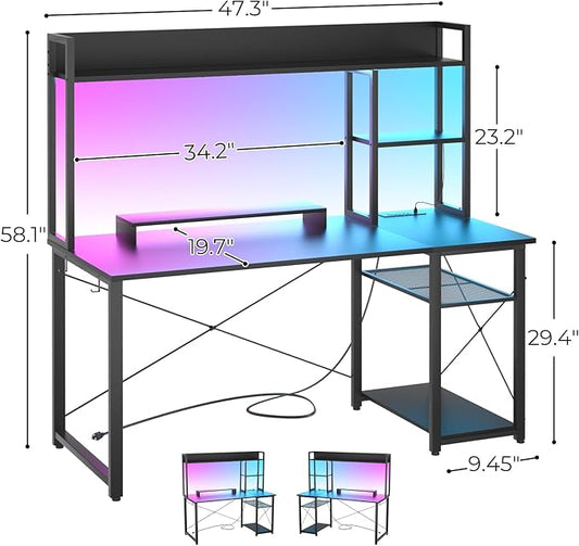 Cyclysio Gaming Desk with Hutch, 47'' Computer Desk with LED Lights & Power Outlets, Home Office Desk with Reversible 5 Tiers Storage Shelves & Monitor Stand, Small Gaming Table for Small Space, Black