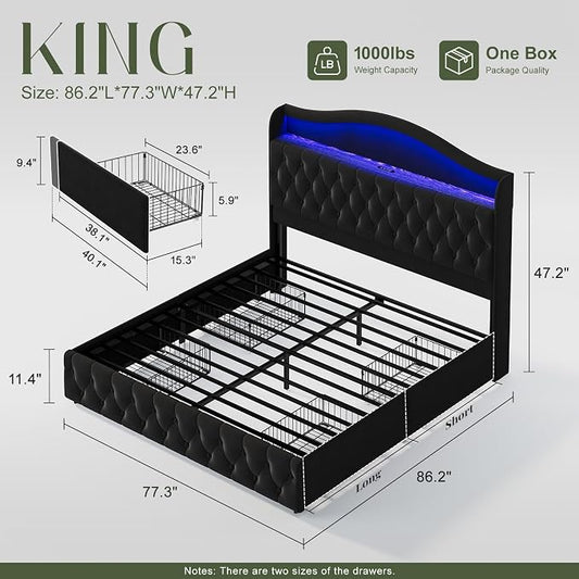 King Size Bed Frame and Headboard & 4 Storage Drawers, Upholstered Platform Bed Frame with RGB LED Lights & Charging Station, No Box Spring Needed, Easy Assembly, Noise-Free, Black