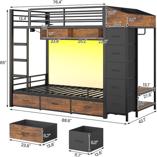 VIAGDO Bunk Bed Twin Over Twin with 8 Storage Drawers and Power Outlets, LED Twin Bunk Beds with Hall Tree and Shelves, Metal Bunk Beds with Safety Guardrail & Ladder for Dorms, Kids, Black