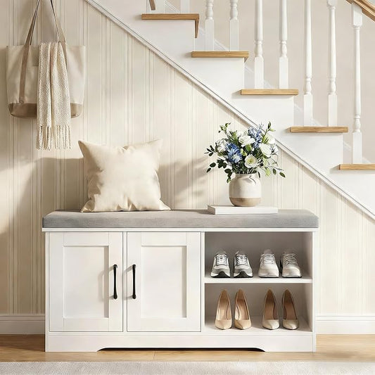 MAHANCRIS Storage Bench, 39.4" Wide Shoe Bench with Padded Seat Cushion, Entryway Bench with 2 Doors and Adjustable Shelf, End of Bed Bench, for Hallway, Bedroom, White and Gray BSWT1201