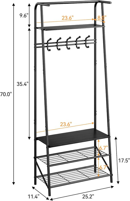OUTLANE Entryway Hall Tree with 5 Hooks, Shoe Bench & Storage Shelf, Coat Rack Organizer with Wood Accents and Metal Frame for Entryway, Living Room, Bedroom, Black-Single row